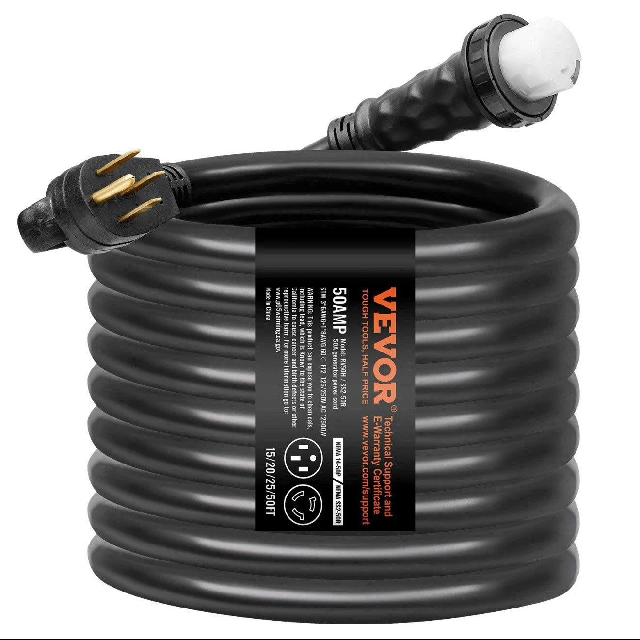 VEVOR 50 Amp Generator Cord and Power Inlet Box 50FT NEMA 14-50P/SS2-50R STW