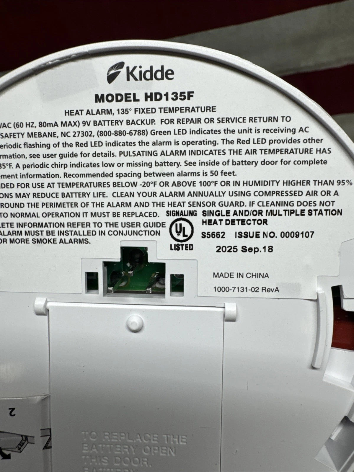 Kidde HD135F Heat Alarm Detector, Hardwired With Battery Back Up & 2 LEDs