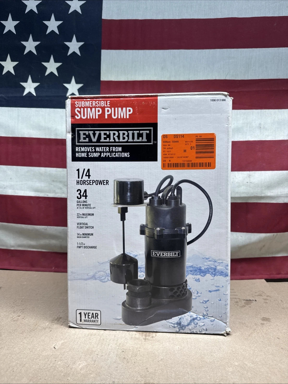 Everbilt HDSP25V 1/4 HP Aluminum Submersible Sump Pump Vertical Switch Open Box