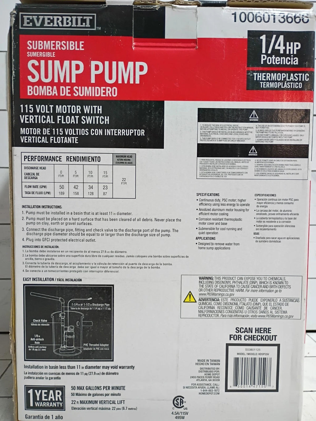 Everbilt HDSP25V 1/4 HP Aluminum Submersible Sump Pump Vertical Float Switch