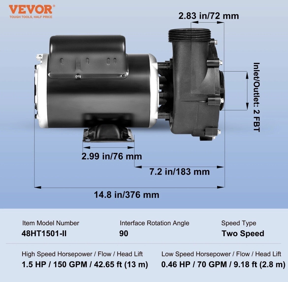 Vevor 48-Frame 2 Speed SPA Pump Hot TubPump 1/150 GP.5 HPM or 0.46 HP/70 GPM OB