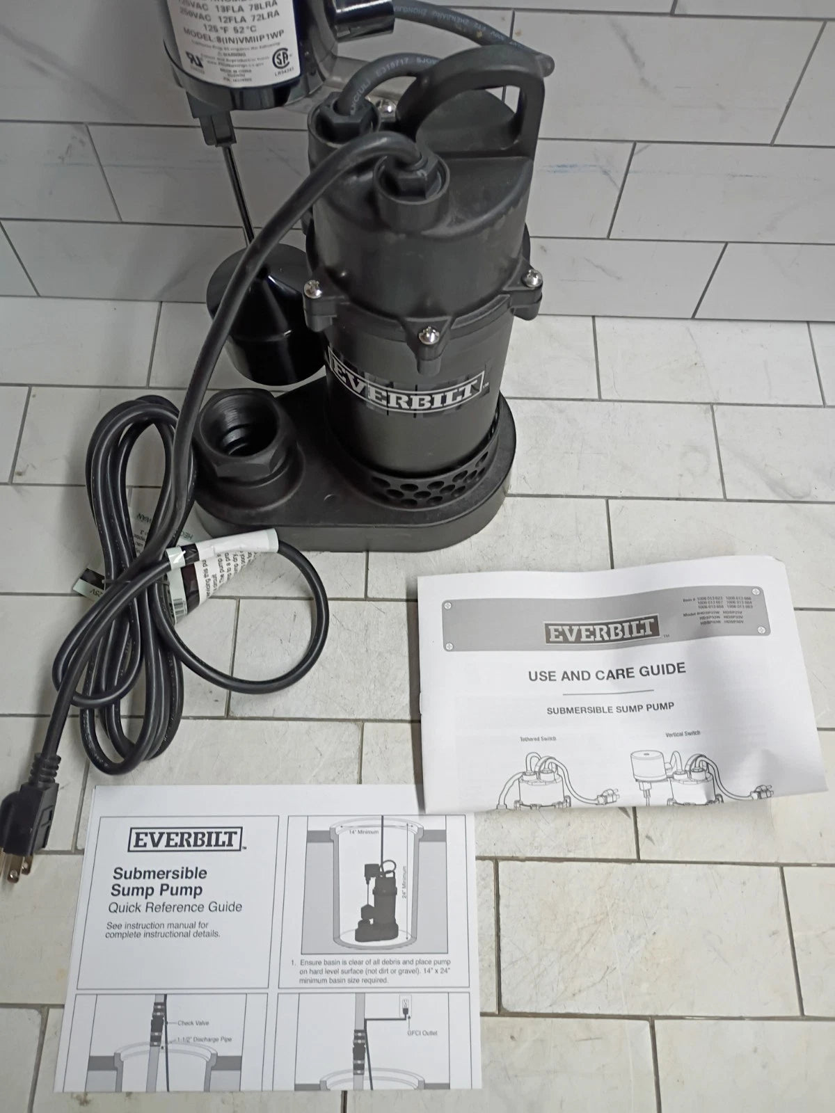 Everbilt HDSP25V 1/4 HP Aluminum Submersible Sump Pump Vertical Switch, OB.