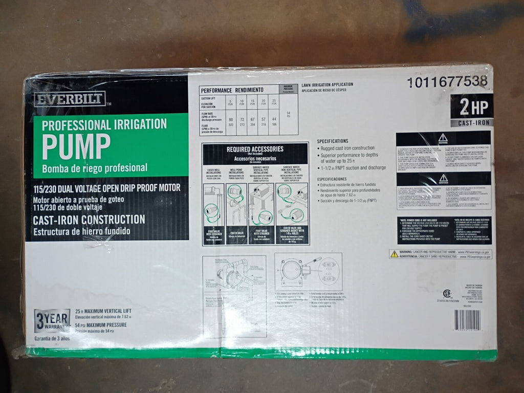 EVERBILT HDLS20 Professional Irrigation Pump Cast Iron 2HP NEW OPEN BOX