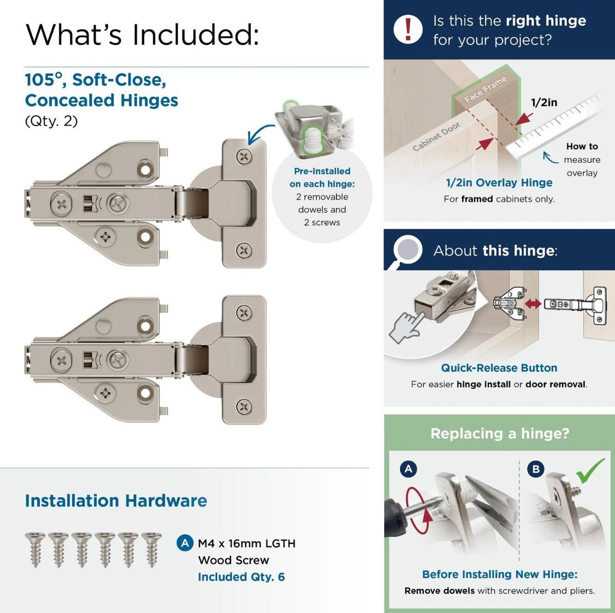 10x Amerock 2 Pack 1/2” Overlay Soft-Closing Euro Concealed Hinge for Face Frame