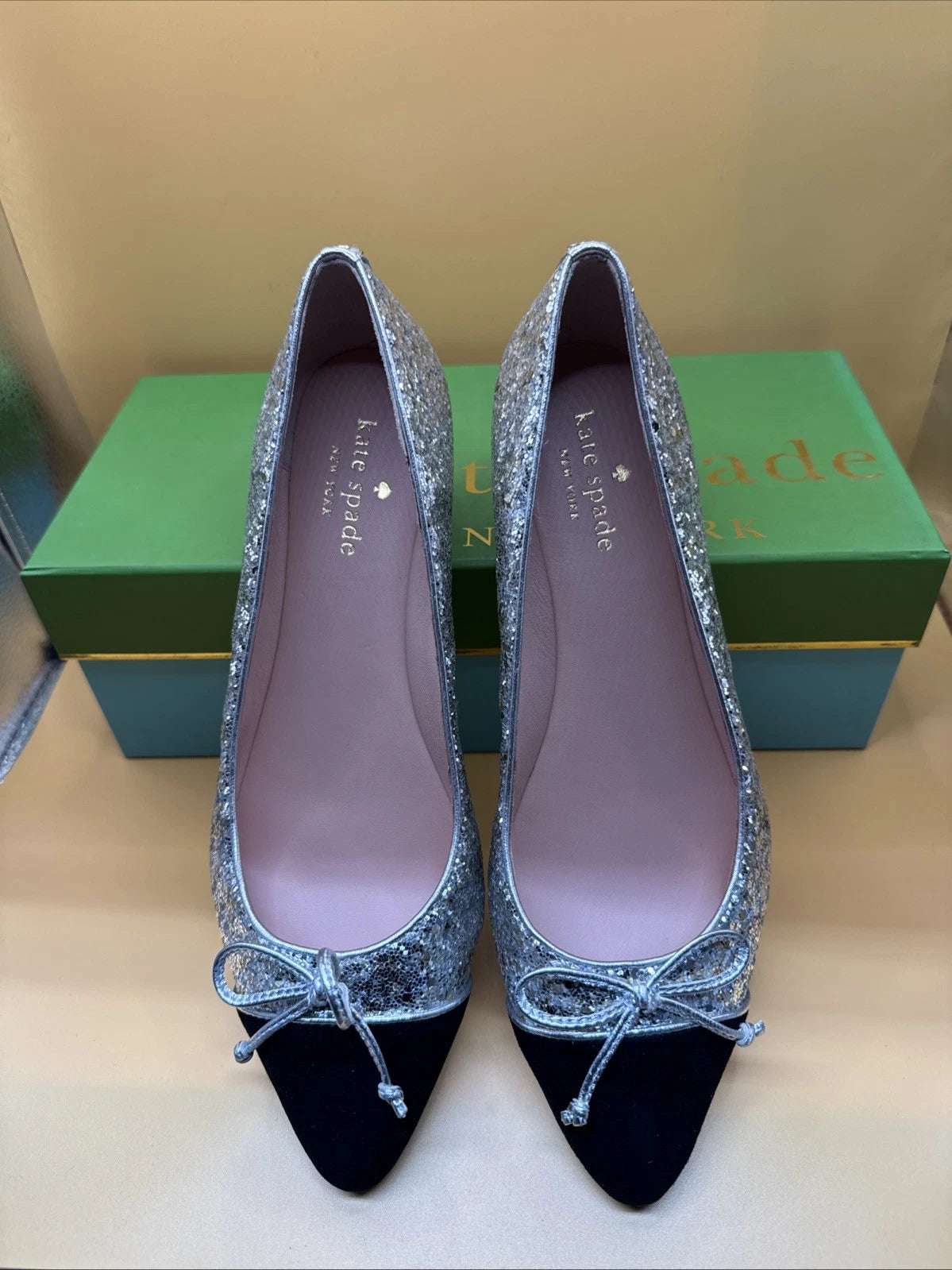 SP2a-Kate Spade New York Nella Flats Size 7M Silver Gold Glitter Black Toe w Box