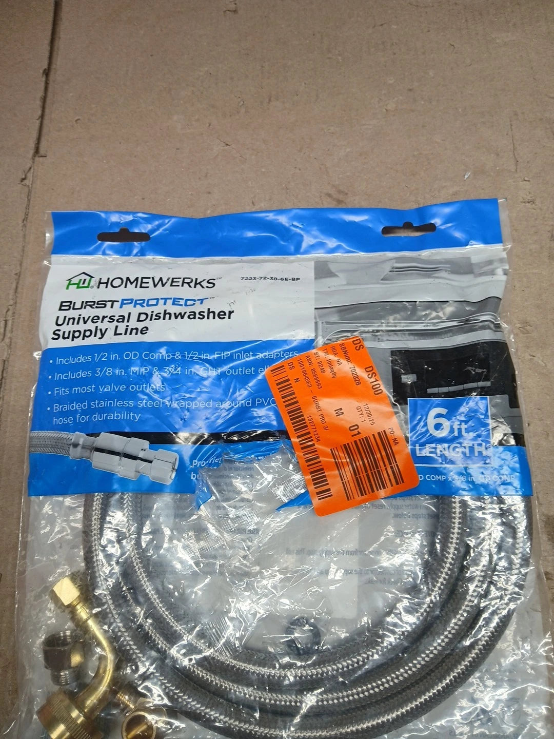 Set OF 2.HomeWerks 6ft Universal SS Dishwasher Supply Line 7223-72-38-6E-BP