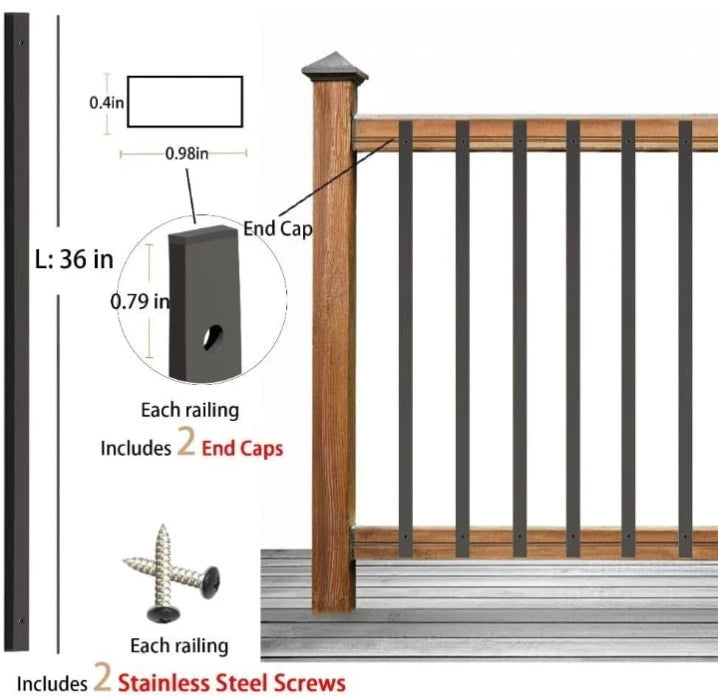 25 Pack 36" Black Aluminum Rectangle Deck Balusters with End Caps&Stainless...
