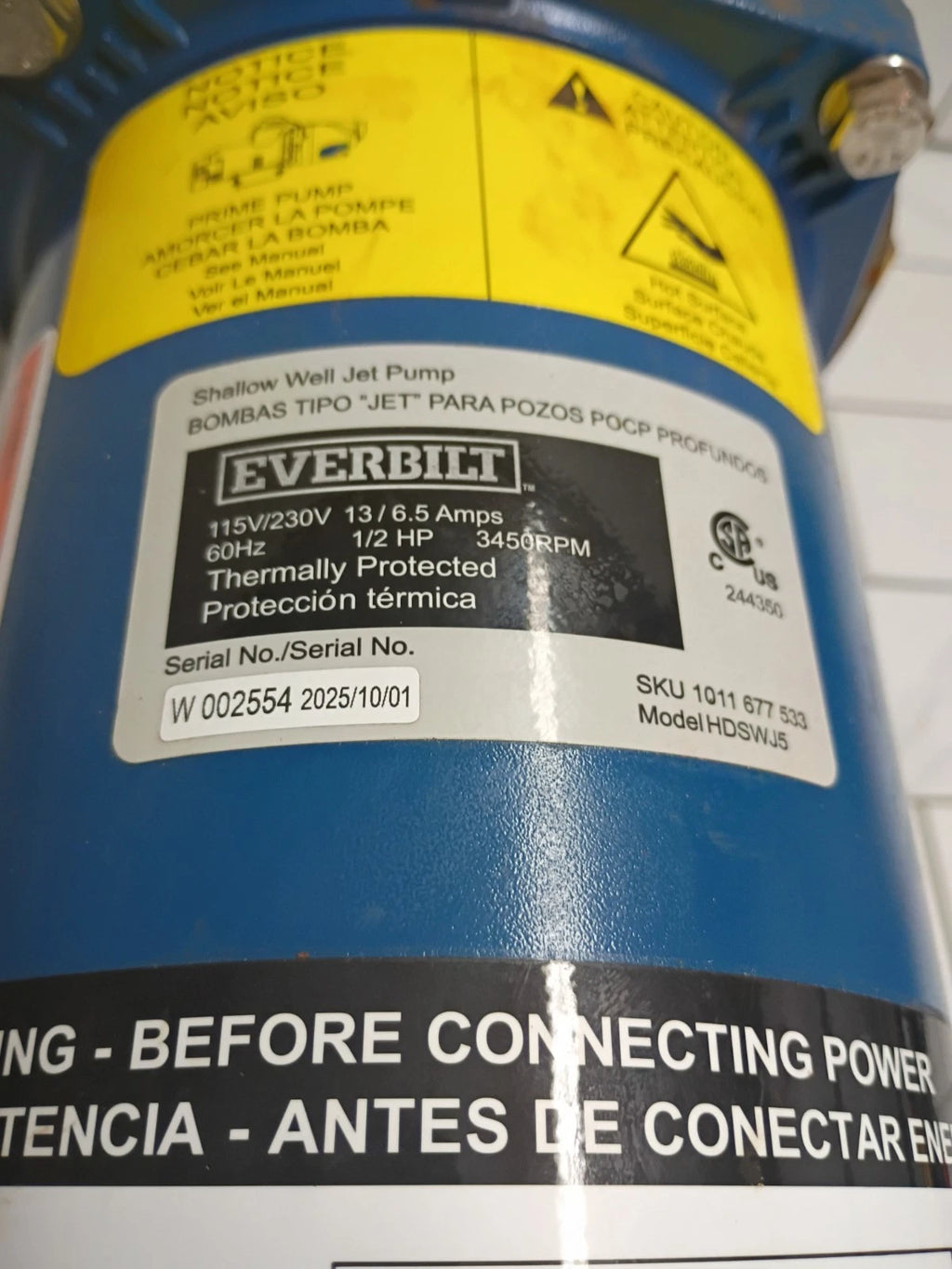 Everbilt HDSWJ5 Shallow Well Jet Pump Cast Iron 1/2HP - FOR PARTS
