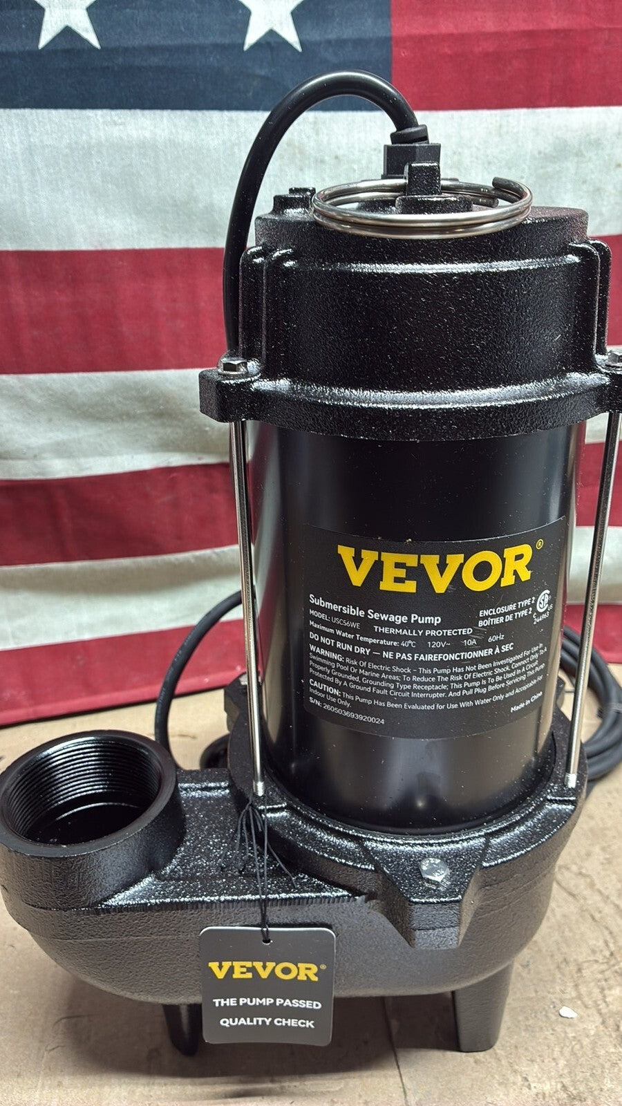VEVOR USC56WE Submersible Sewage Pump, 3/4 HP, 5880 GPH, 1050W, OB