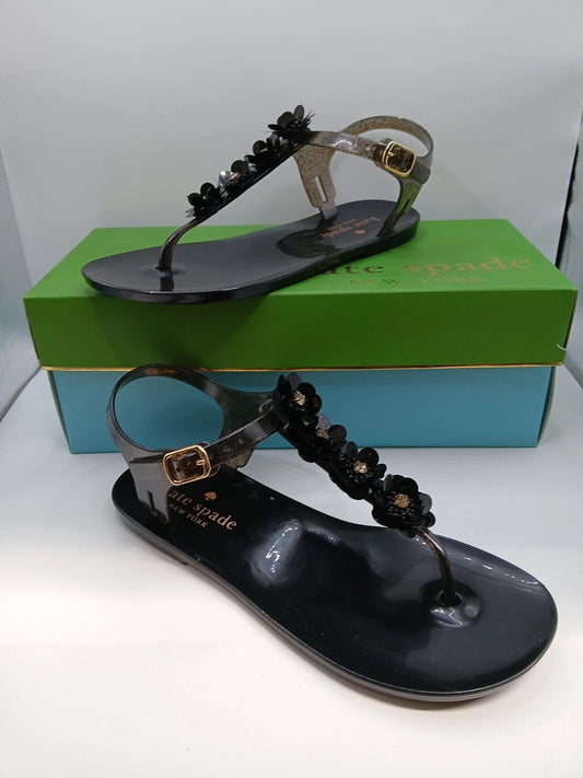 Kate Spade Black Sandals Women Size 5 Thong Style With Flower Detail