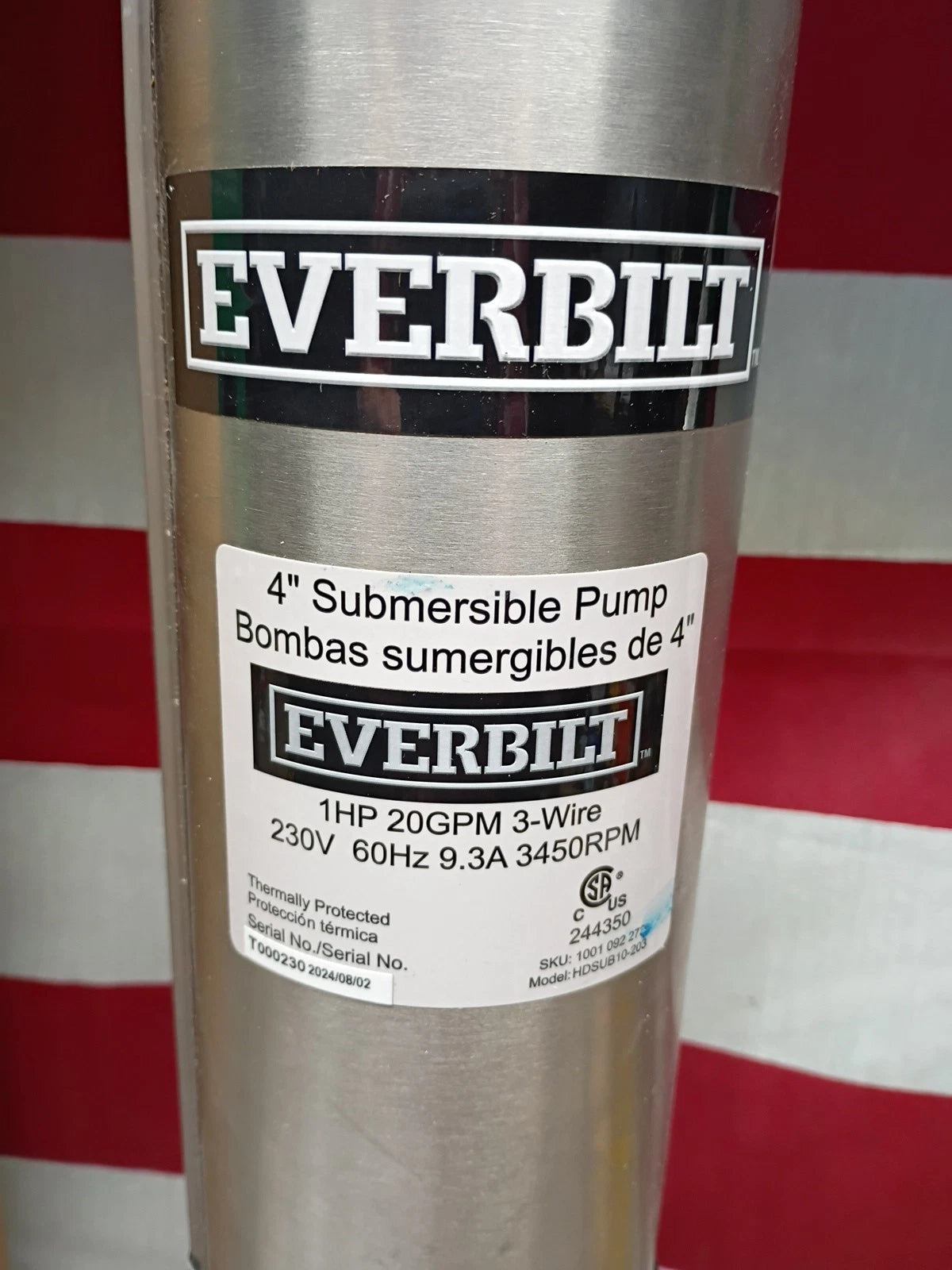 Everbilt 1HP Submersible 3-Wire 20GPM Well Pump HDSUB10-203, OPEN BOX,
