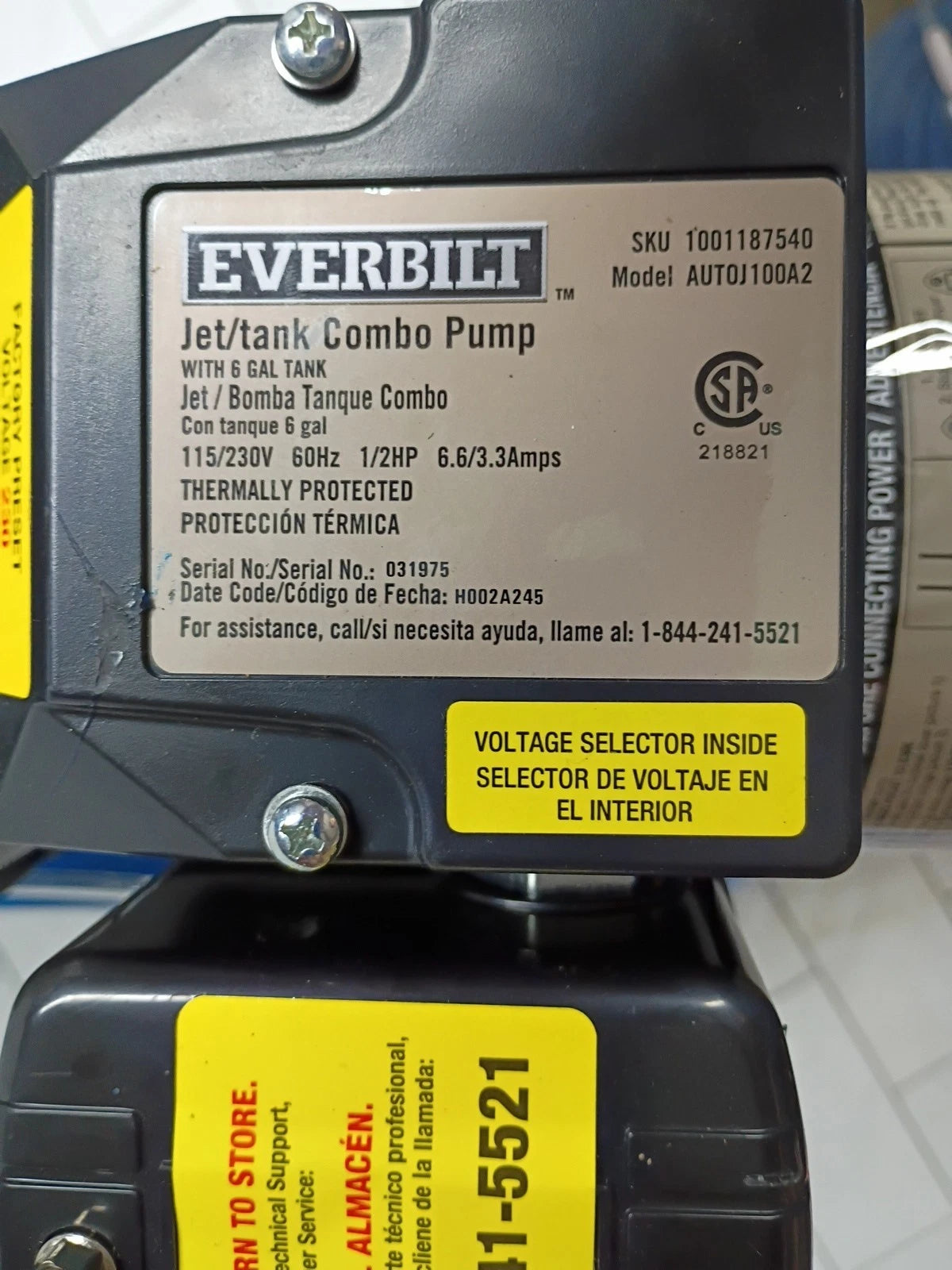 Everbilt 1001187540 1/2HP Jet Pump/Tank Combo Cast iron with 6 Gallon Tank USED