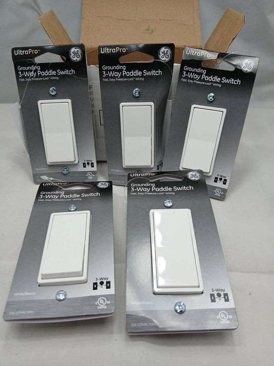 (5-pack) 25 GE ULTRAPRO GROUNDING 3 WAY PADDLE SWITCH Almond WITH EASY PRESSURE