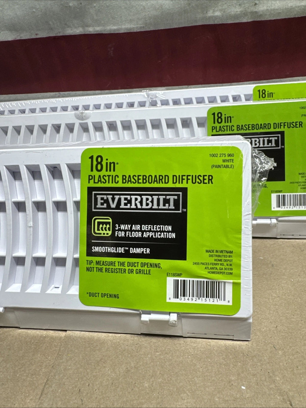 3PK Everbilt 18 in. 3-Way Plastic Baseboard Diffuser Supply - White.