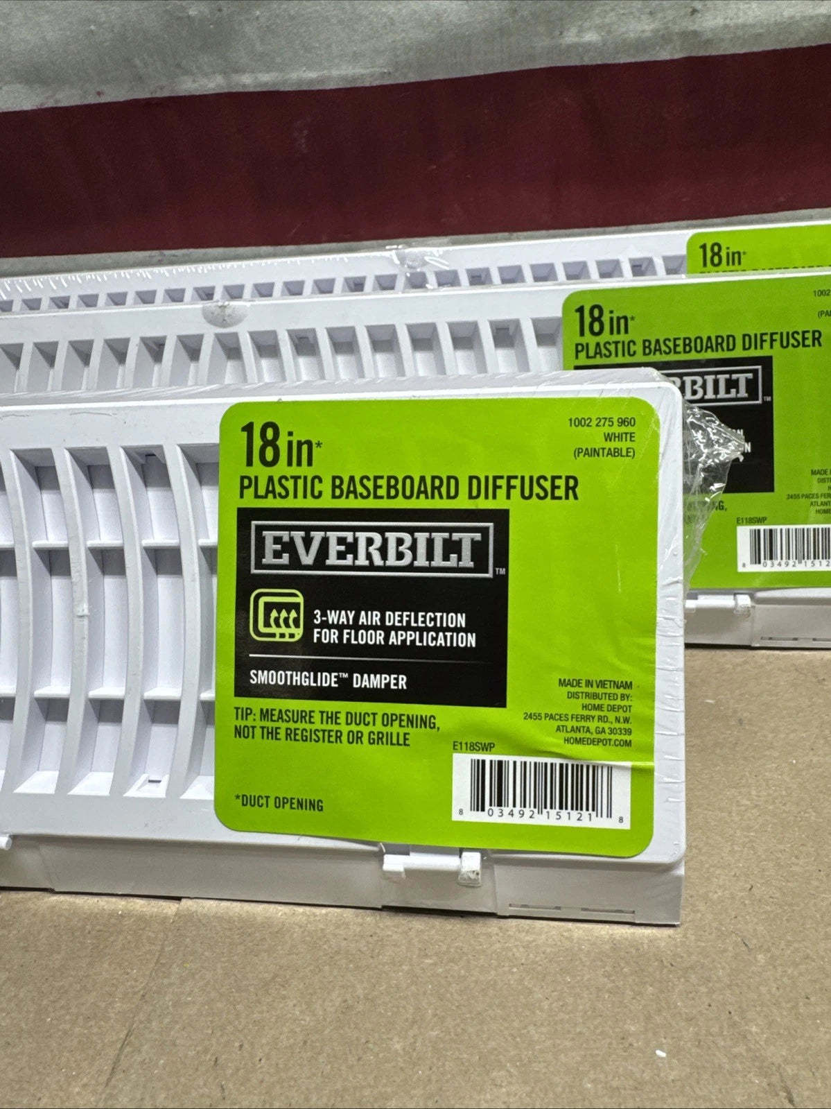 3PK Everbilt 18 in. 3-Way Plastic Baseboard Diffuser Supply - White.