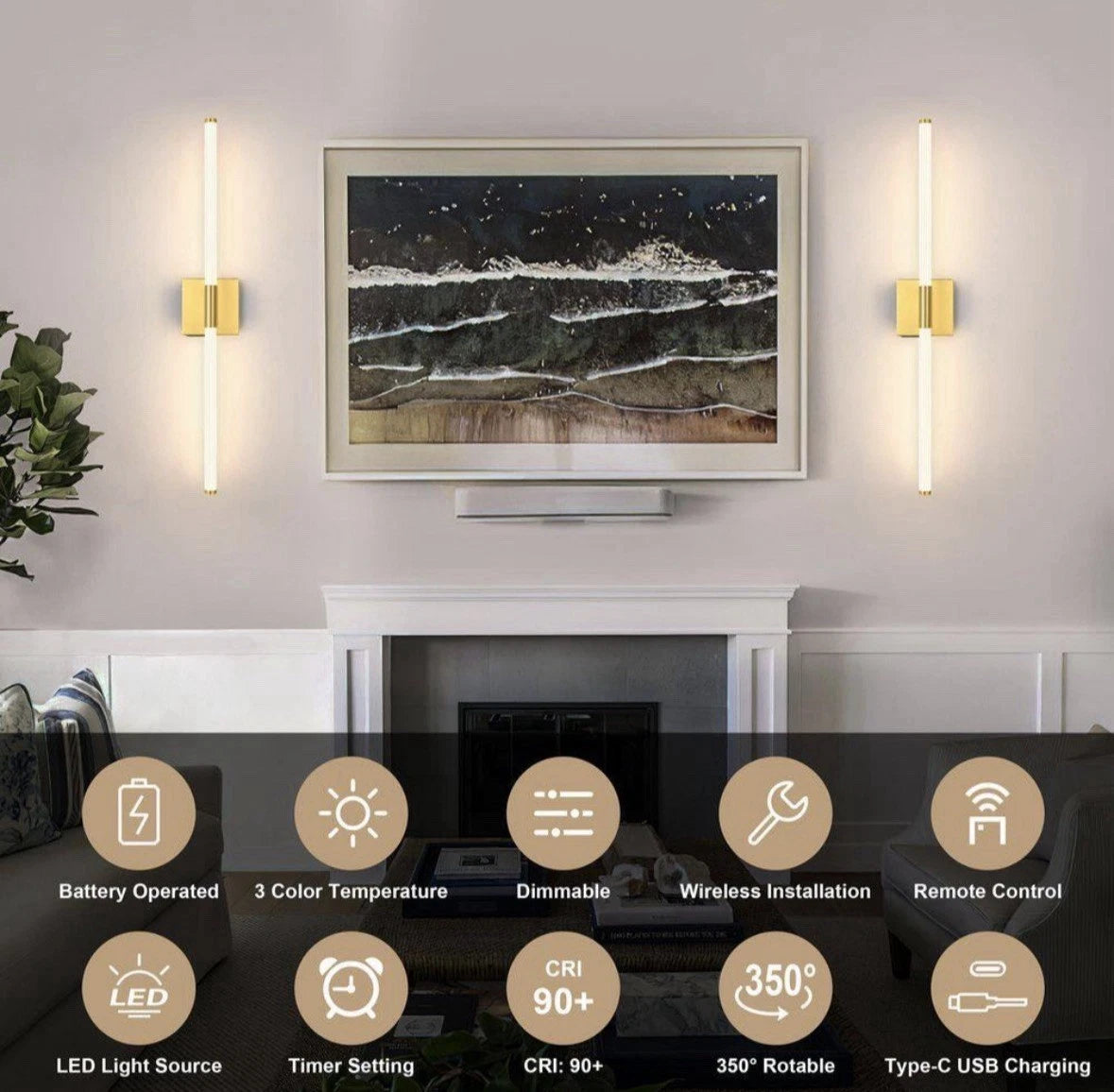 24 in. Brushed Gold Battery Operated Wall Sconce (Set of 2)360° Rotatable(Read⬇️
