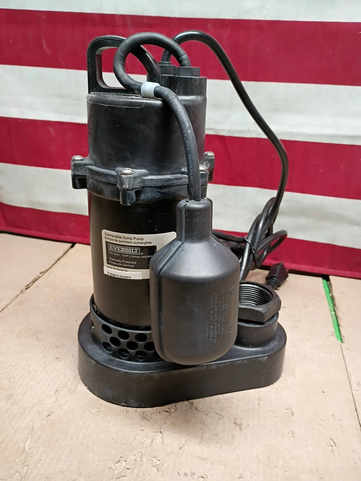 Everbilt 1/3 HP Corrosion Resistant Aluminum Sump Pump w/ Tether Switch Used.