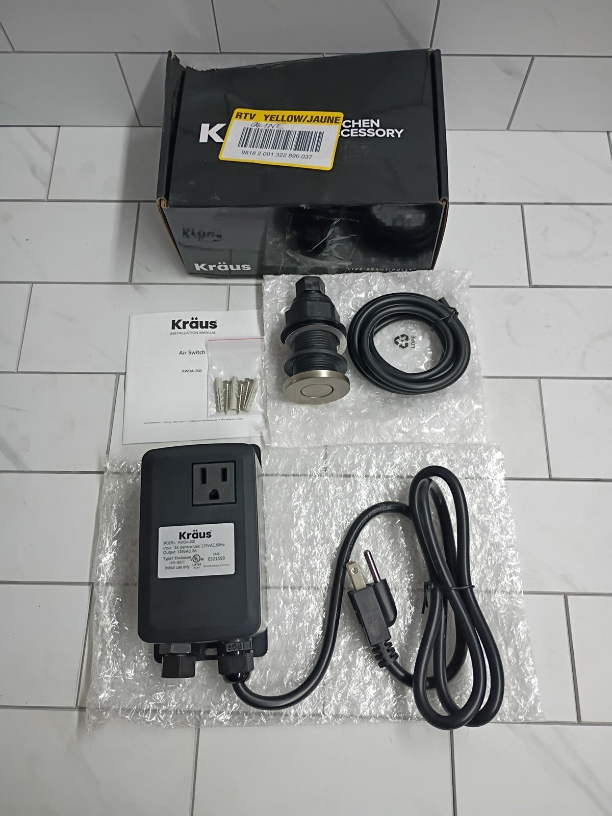 Kraus KWDA-200 Garbage Disposal Air Switch Kit - Stainless Steel New Open Box