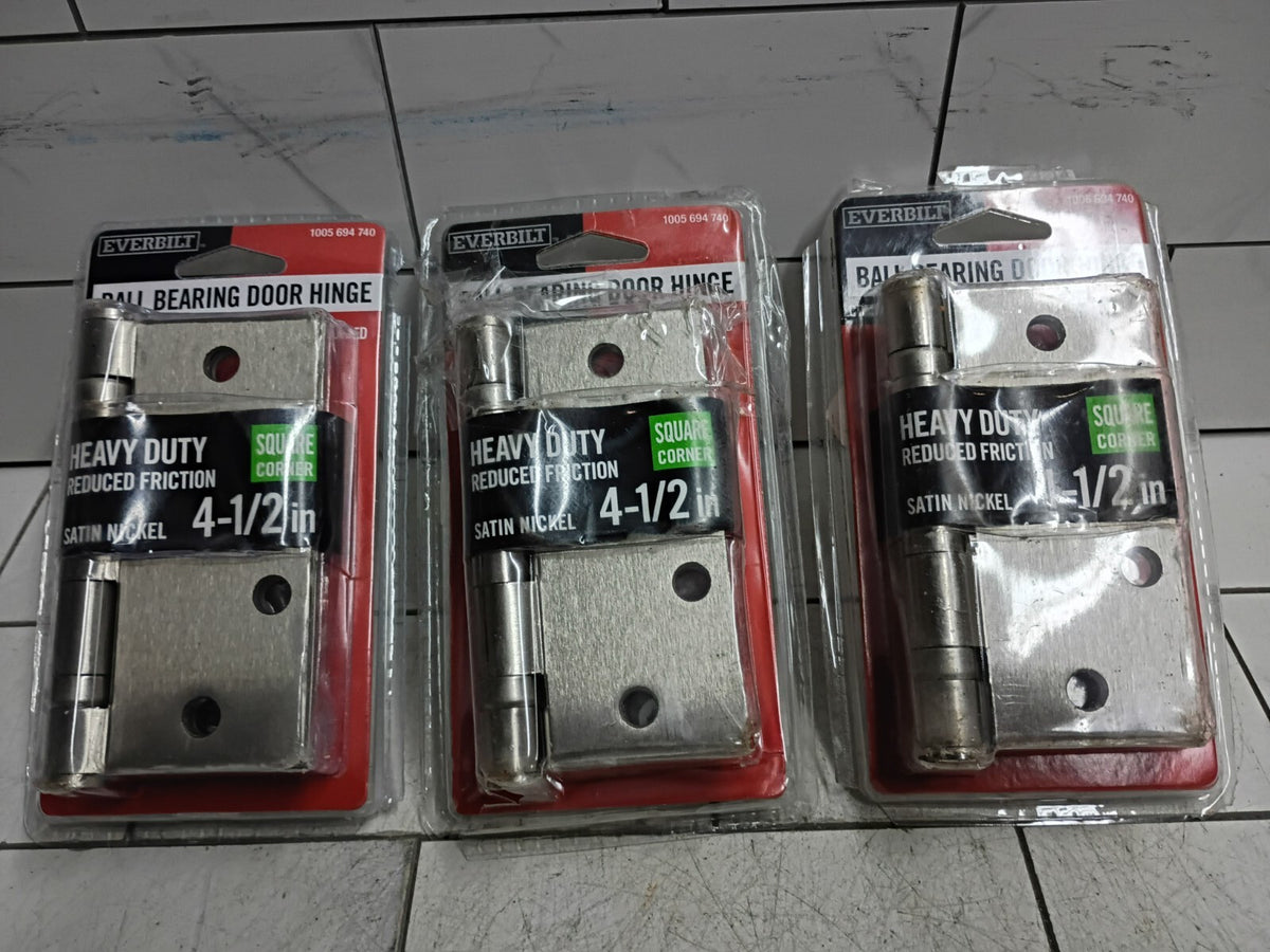 (3 Pack) Everbilt Ball Bearing Door Hinge 4.5" Heavy Duty Reduced Satin Nickel