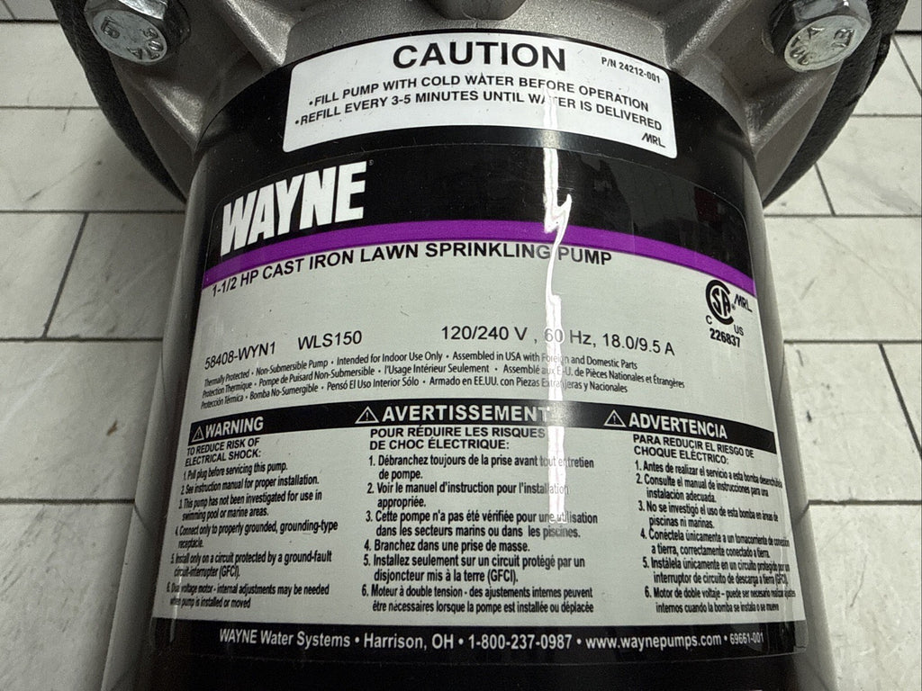 Wayne WLS150 1-1/2 HP Cast Iron Quick-Prime Lawn-irrigation Sprinkler Pump. NOB