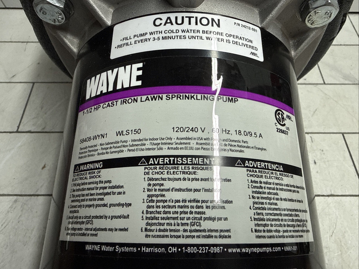 Wayne WLS150 1-1/2 HP Cast Iron Quick-Prime Lawn-irrigation Sprinkler Pump. NOB