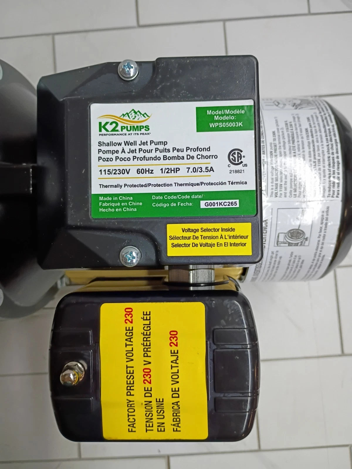 K2 Pumps Shallow Well Jet Pump 1/2 Hp Lead Free Thermoplastic 115/230V OPEN BOX