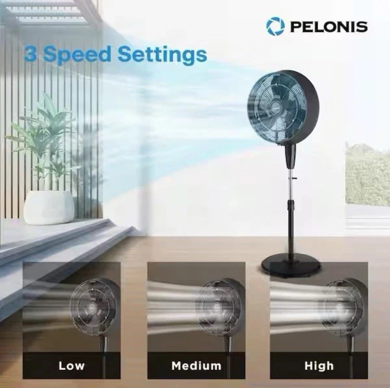 Pelonis 18 in. 3-Speed Outdoor Misting Pedestal Fan 1600 CFM Black.