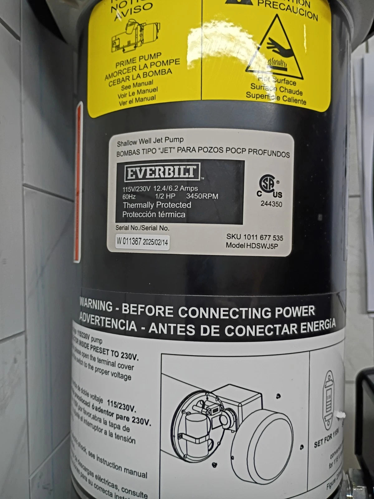 1/2 HP Everbilt Shallow Well Jet Pump Dual Voltage HDSWJ5P 25 Lift 11.5 GPM Used