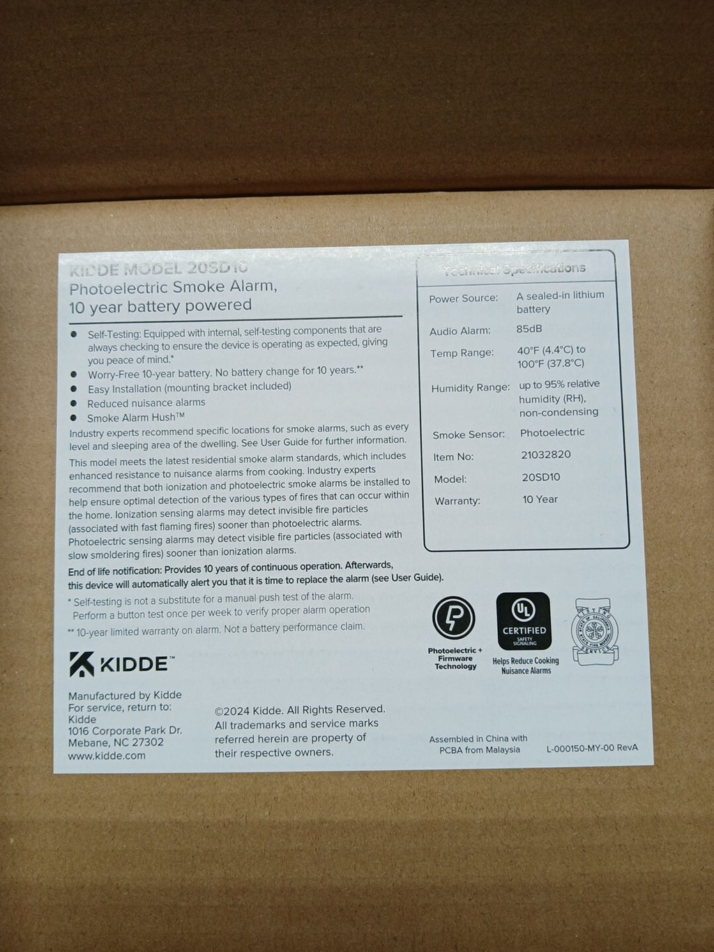 Kidde Smoke Detector 10 Year Battery Powered LED Warning Light Indicators 20SD10