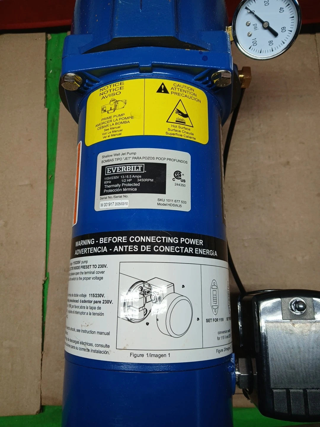 Everbilt Shallow Well Jet Pump Cast Iron 1/2HP HDSWJ5, Used Or For Parts Only