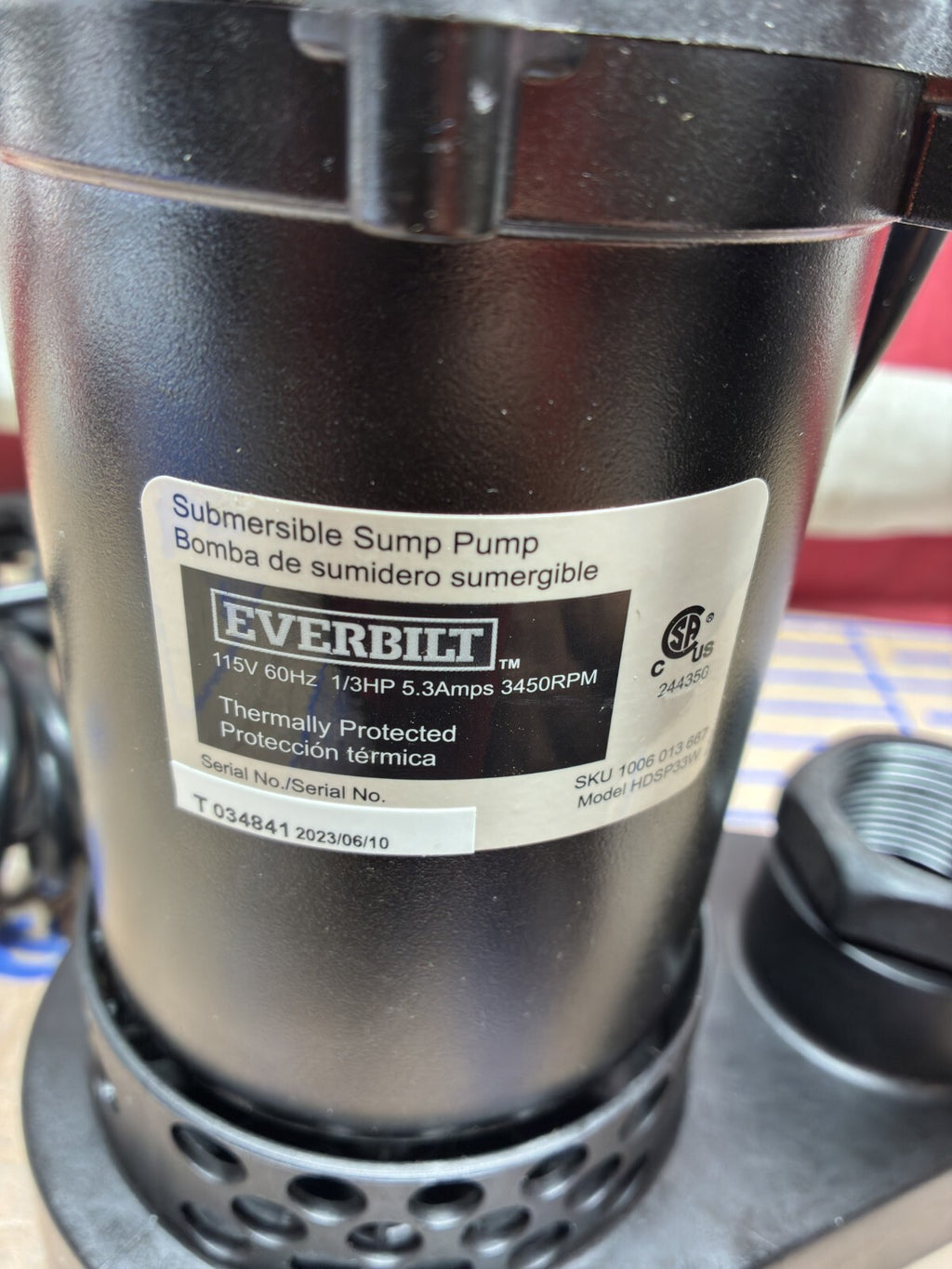 Everbilt 1/3 HP Corrosion Resistant Aluminum Sump Pump w/ Tether Float Switch OB