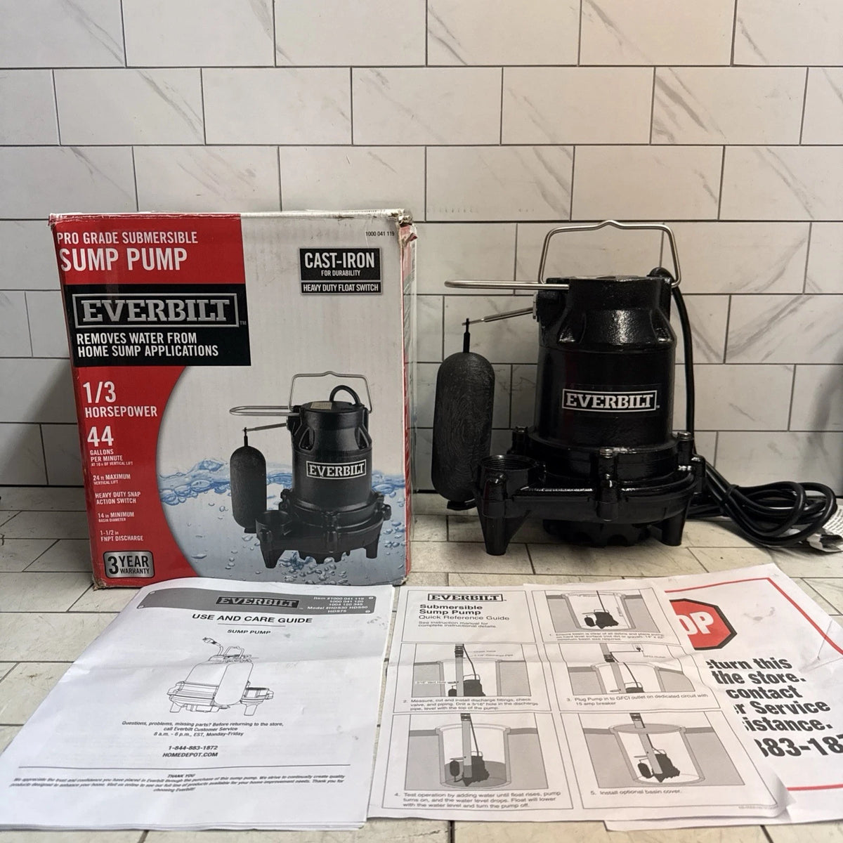 Everbilt HDS30 - 1/3 HP Cast Iron Submersible Sump Pump New Open Box