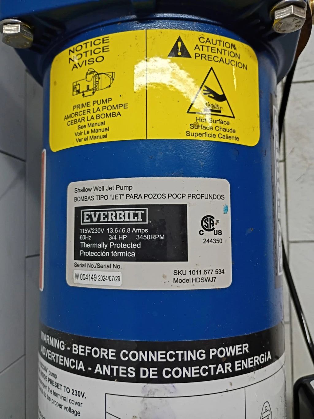 Everbilt 3/4 HP Cast Iron Shallow Well Jet Pump HDSWJ7 as is, For Parts.