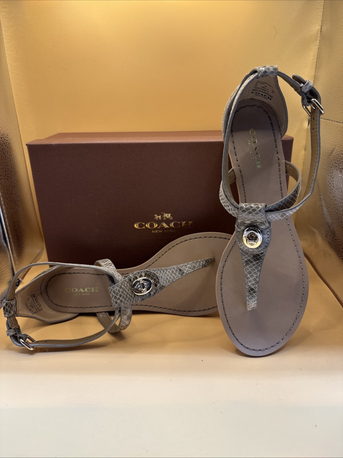 Coach New York Ingrid Natural Snake Print Sandals Size 7M Women's New With Box!