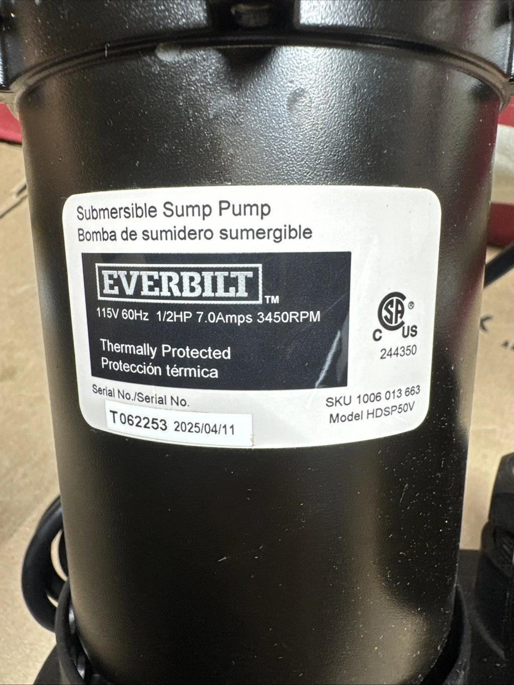 Everbilt HDSP50V 1/2 HP Submersible Sump Pump Thermoplastic Vertical., Open Box.