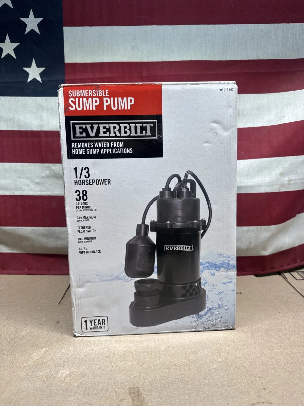 Everbilt 1/3 HP Corrosion Resistant Aluminum Sump Pump w/ Tether Switch NEW OB.