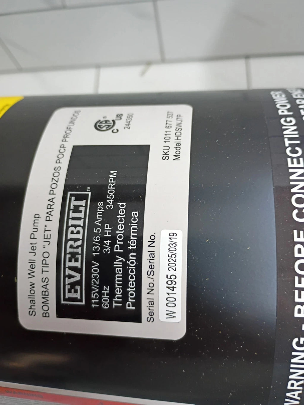 Everbilt Shallow Well Jet Pump Plastic 3/4HP HDSWJ7P New Open Box