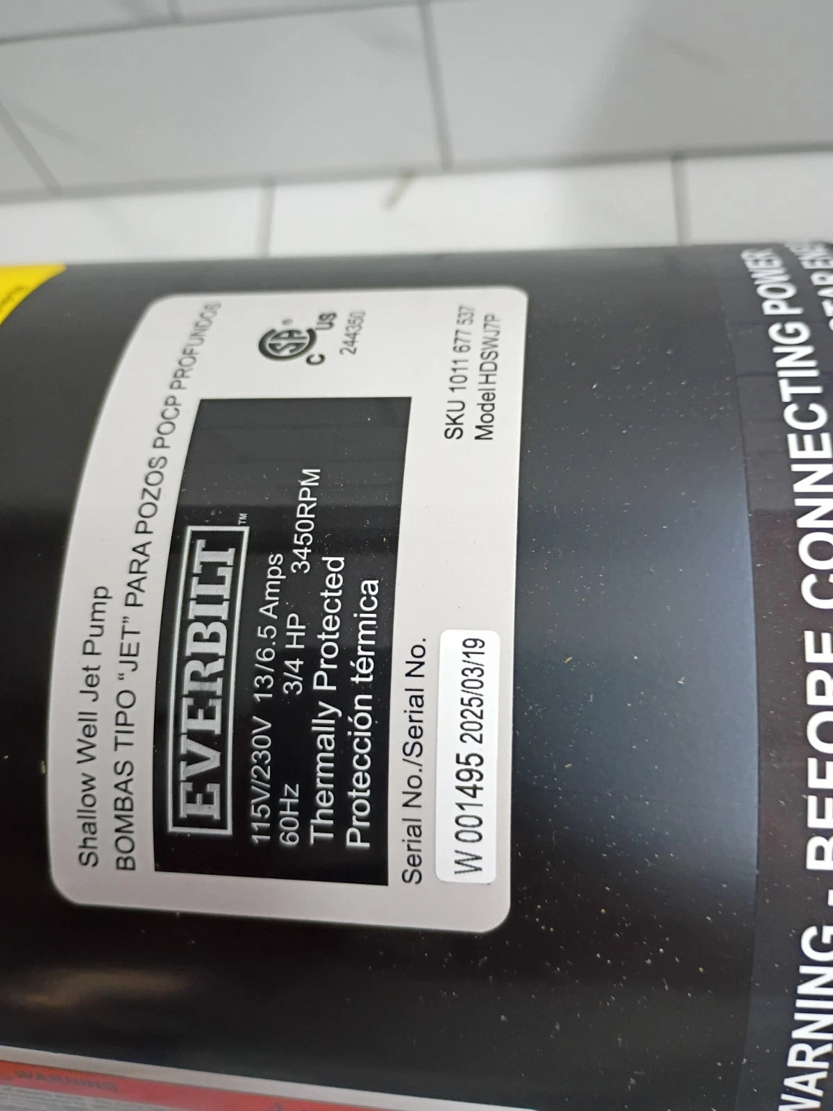 Everbilt Shallow Well Jet Pump Plastic 3/4HP HDSWJ7P New Open Box