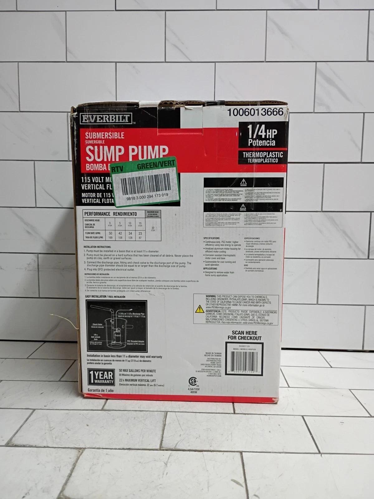 Everbilt HDSP25V 1/4 HP Submersible Sump Pump vertical float switch OB