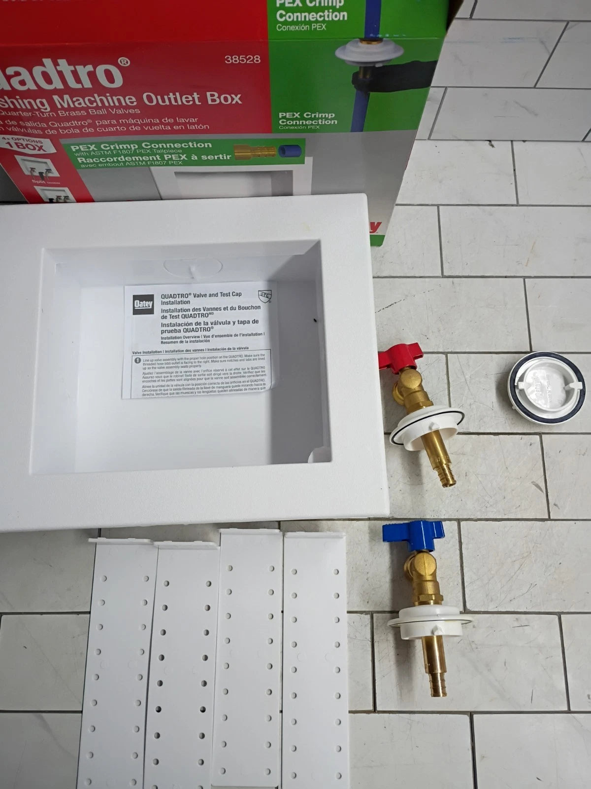 Oatey Quadtro Washing Machine Outlet Box pex crimp 1/4" Turn x 2" Hub 38528-OB.