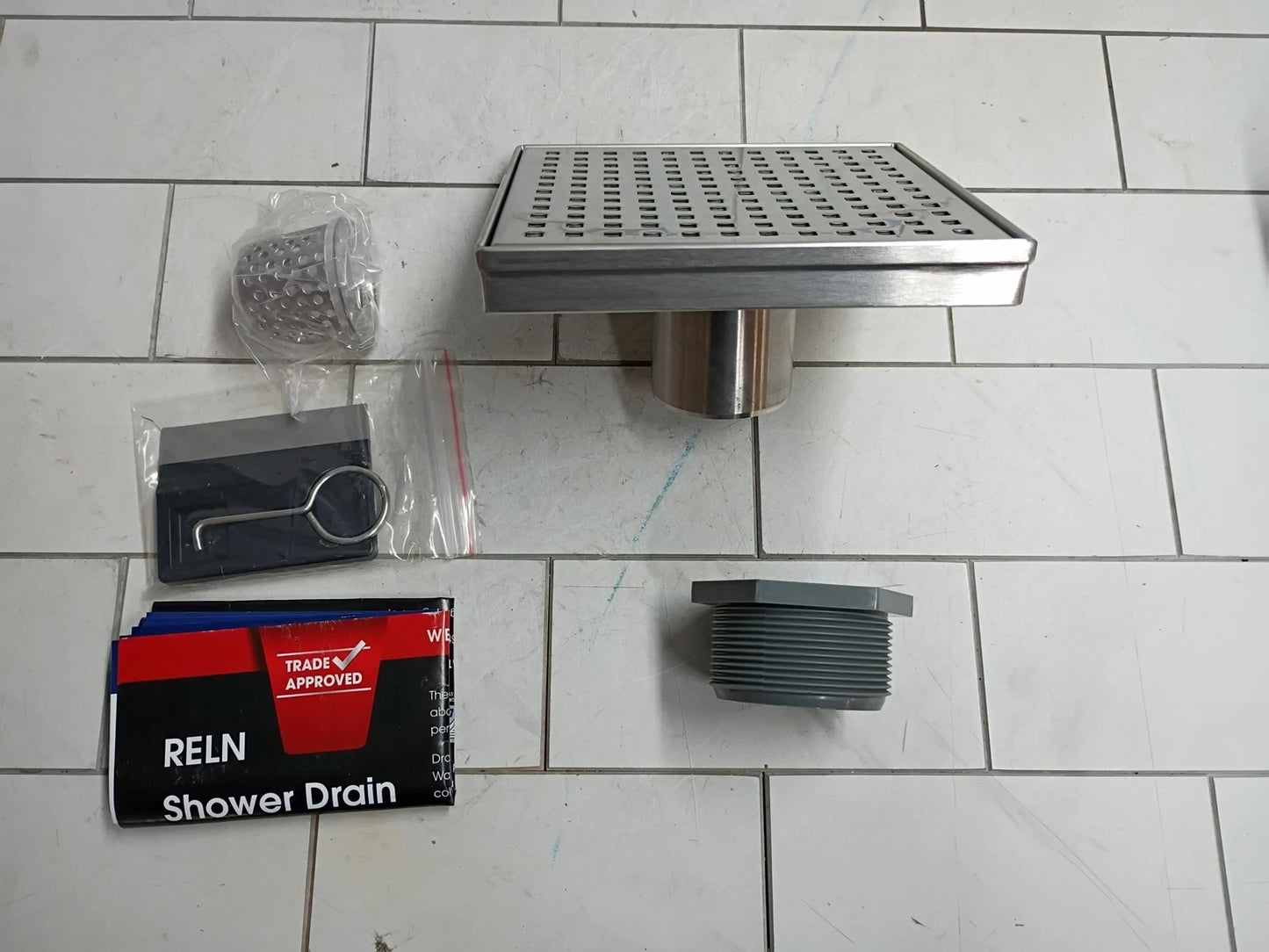 RELN 6" x 6" Stainless Steel Square Shower Drain w/Square Pattern Drain Cover OB
