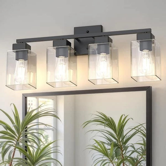 25 in. 4-Light Matte Black Vanity Light with Square Glass Shades-Modern Bathroom