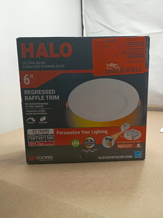 HALO 6" Ultra-Slim LED Canless Downlight, Regressed Baffle Trim, 1015 Lum OB