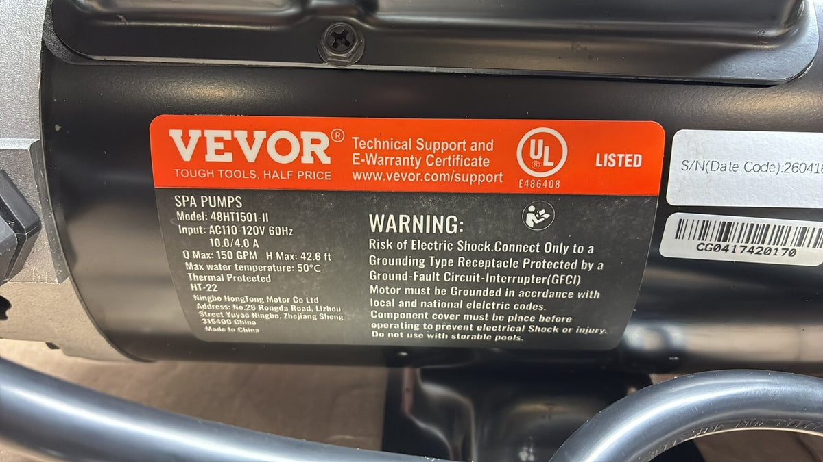 Vevor 48-Frame 2 Speed SPA Pump Hot TubPump 1/150 GP.5 HPM or 0.46 HP/70 GPM OB