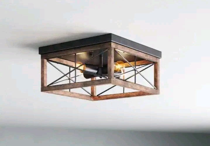 Light Farmhouse Rustic Square Wooden Flush Mount Ceiling Light MB-8834BK OB