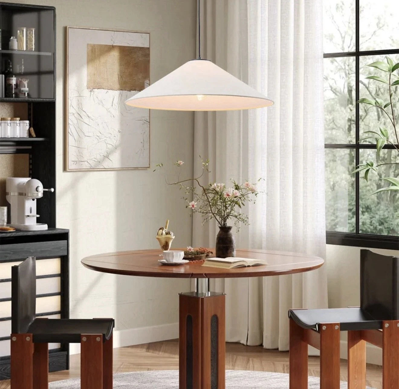 1-Light 25 Inch Large White Linen Shallow Conicle Cage Pendant