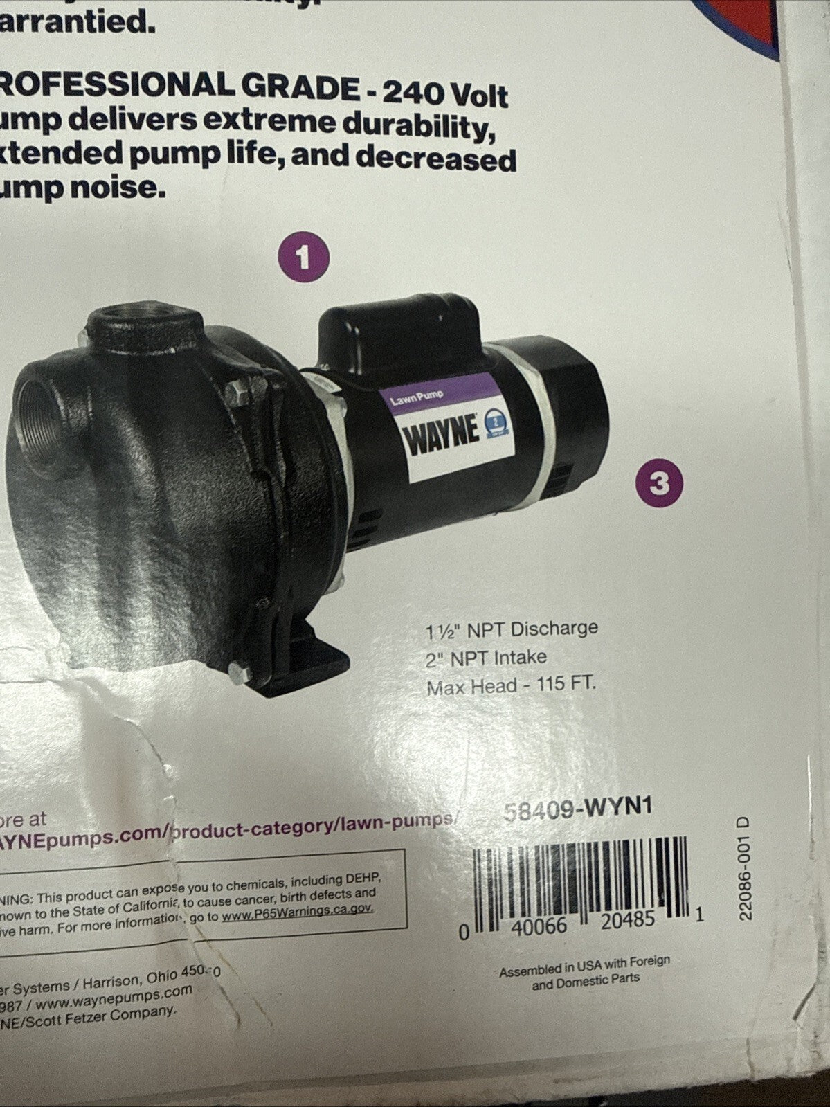 Wayne 58409-WYN1, 2 HP Permanent Lawn Irrigation Sprinkler Pump Open Box