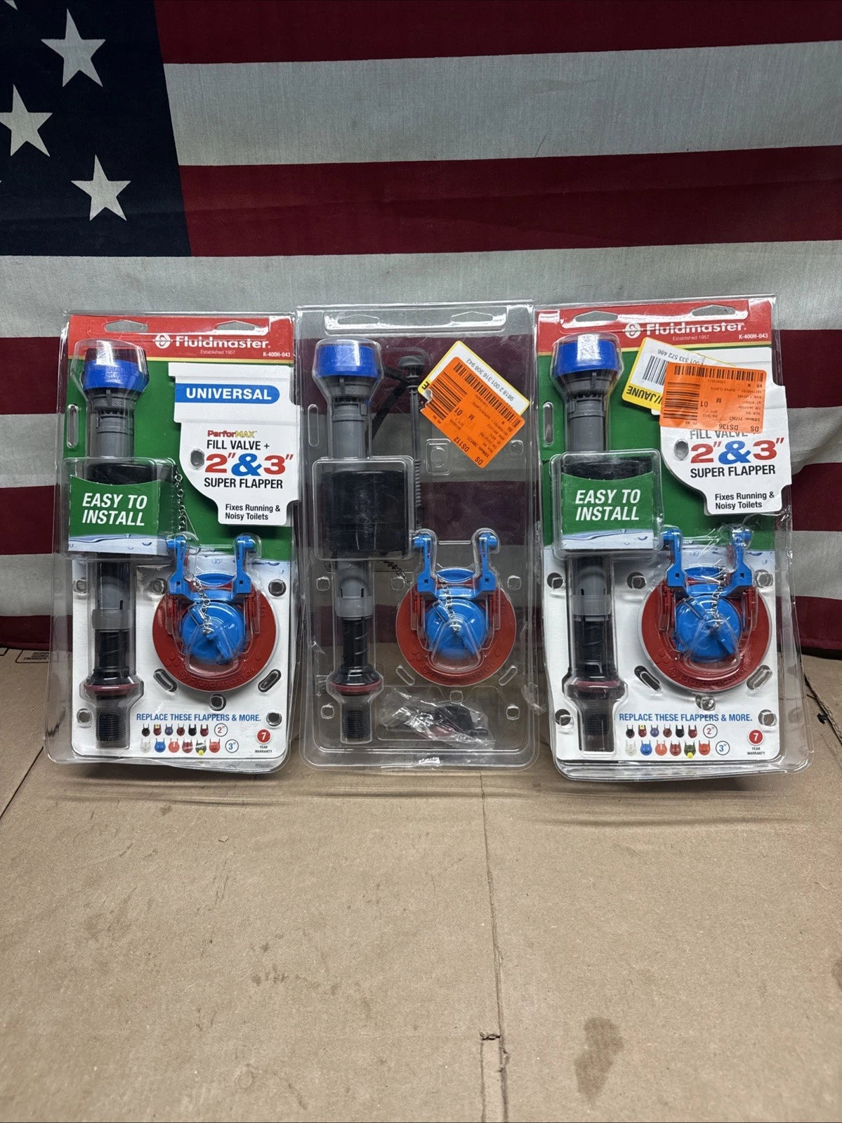 3pck Fluidmaster Fill Valve + 2” & 3” Super Flapper Kit K-400H-043 OPEN BOX