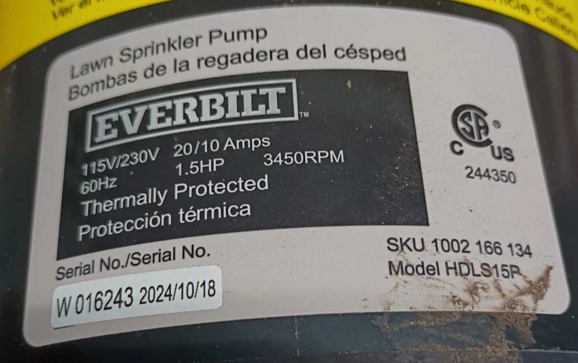Everbilt Lawn Irrigation Pump Plastic 1.5HP HDLS15P PARTS ONLY