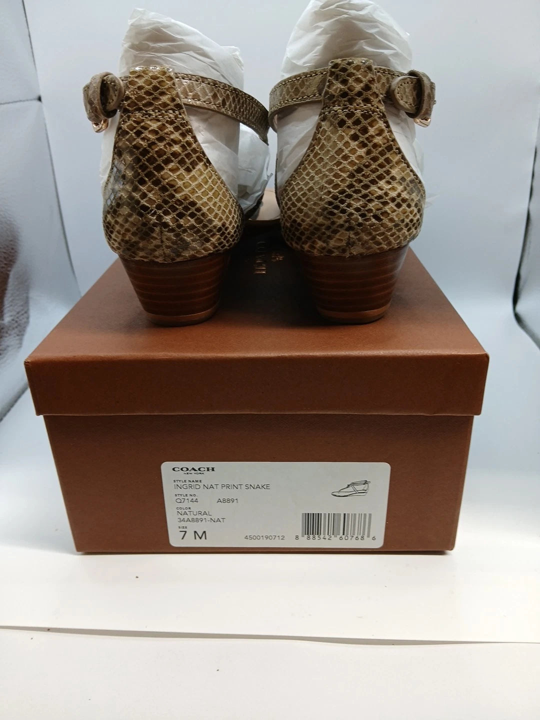 Coach Ingrid Snake Print T-Strap Wedge Sandals Natural Size 7